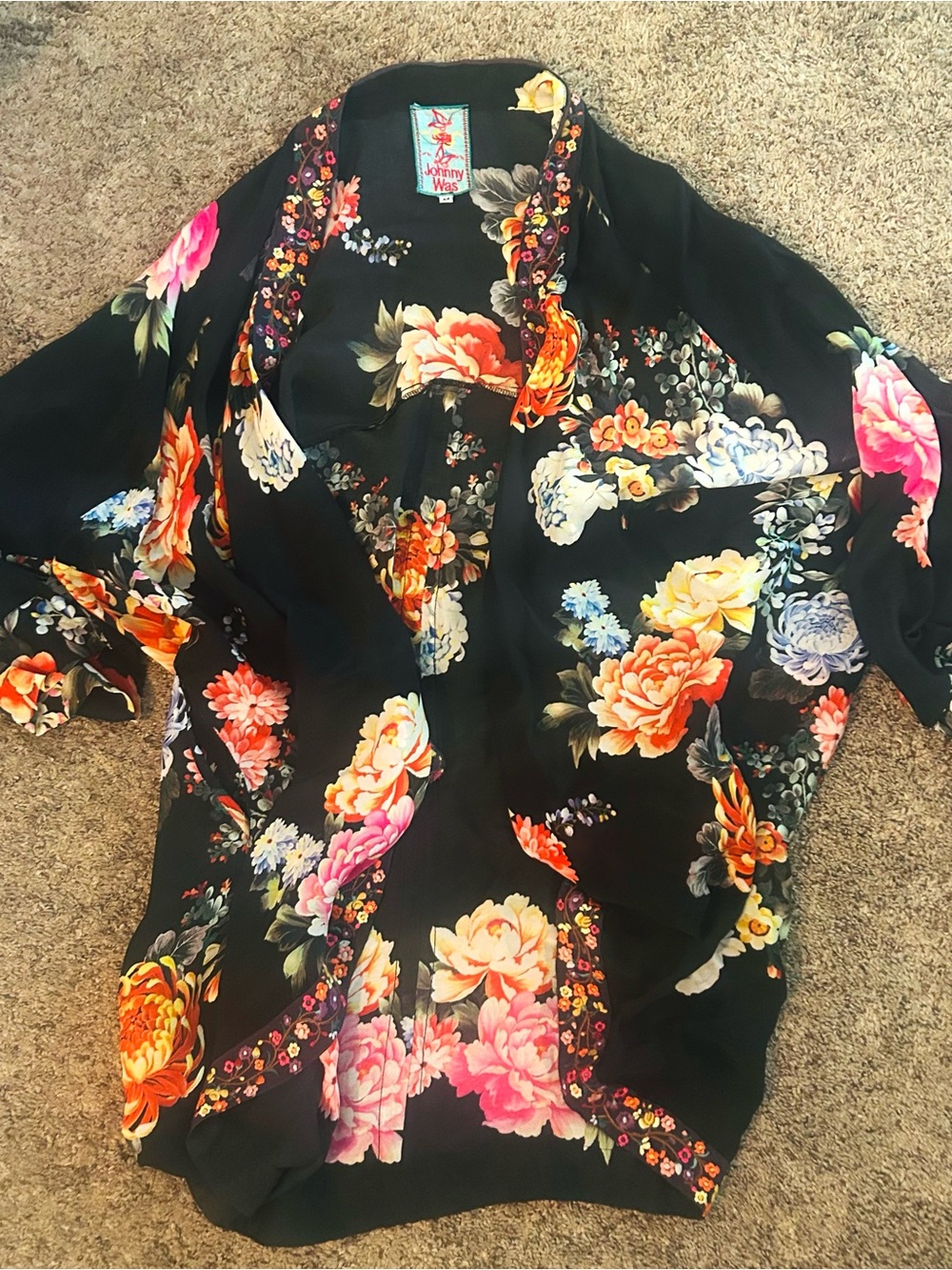 Johnny Was Black Multicolor Floral Kimono Cardigan Embroidered Trim M